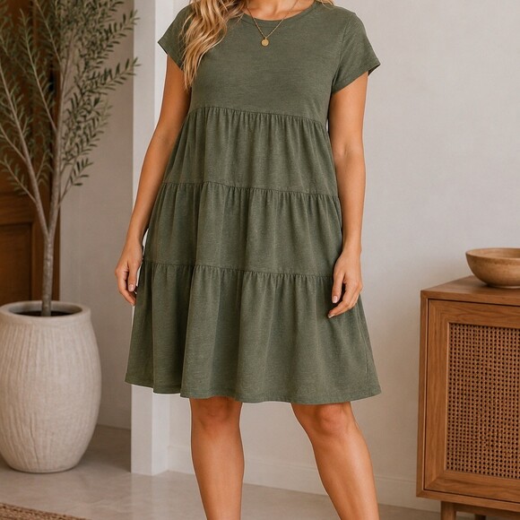 Time and Tru Tops - Time and Tru Dress Womens L Olive Green Tiered Knit Knee Length Casual